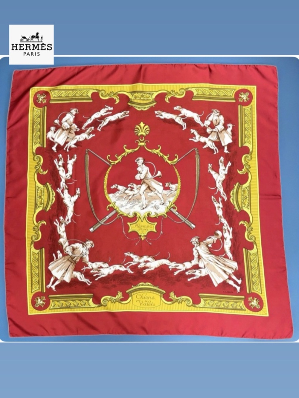 HERMÉS Chiens et Valets Carré 90 Silk Scarf w/ Box